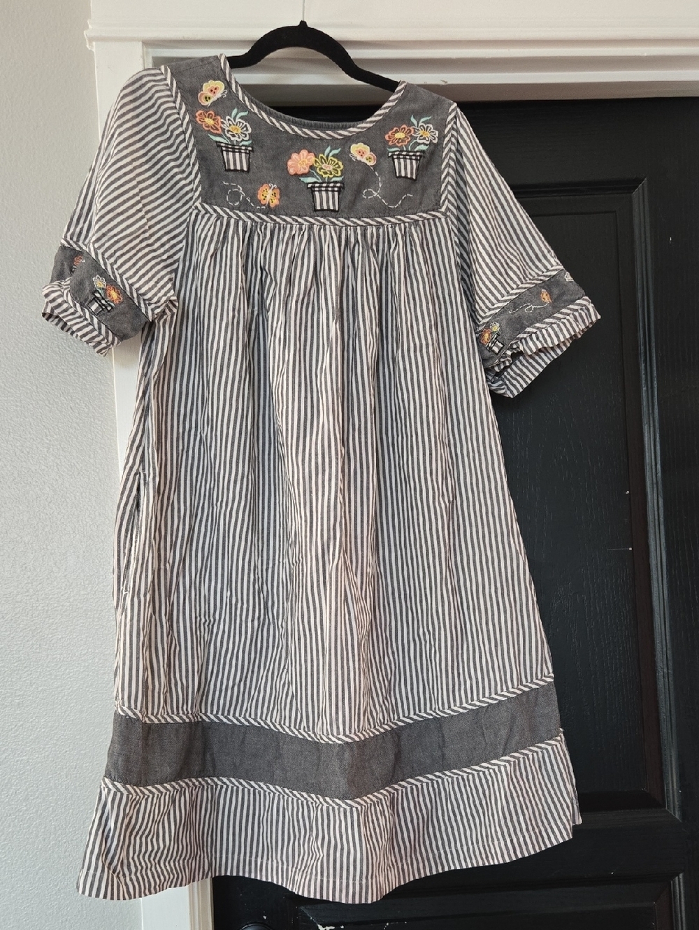 Bechamel Vintage Cotton Striped Plant Embroidered Dress Size Small